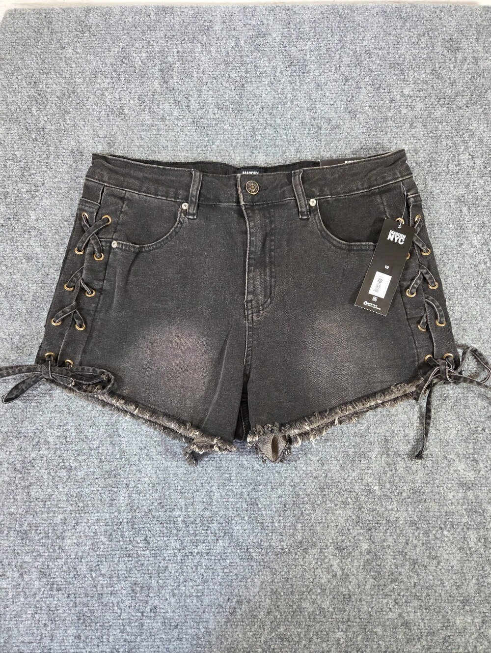 Madden NYC Black Lace Up Denim Shorts High Rise Raw Hem Size 10 NWT
